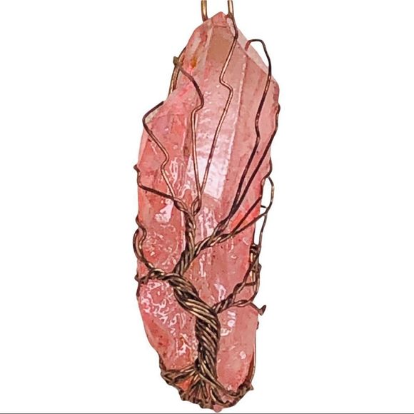 Tree of Life Wire-Wrapped Quartz Crystal Necklace, Rose Pink - Picture 2 of 10